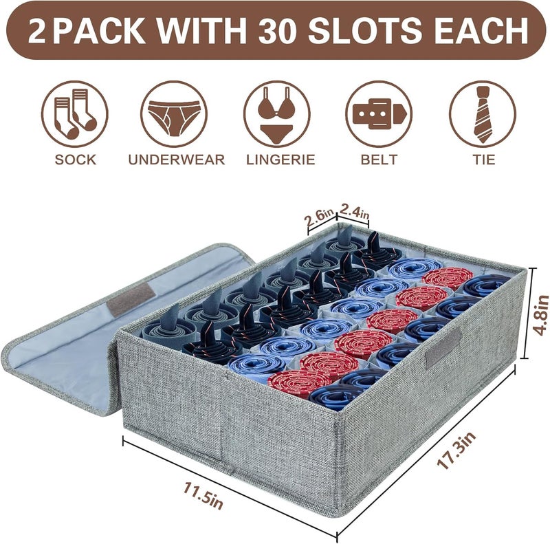 PINGMIC Gray Sock Organizer Divider 2 Pack with Lid - 30 Cell Foldable Closet Storage, Tie Organizer For Men Boxes for Socks, Ties, Belts - Image 3